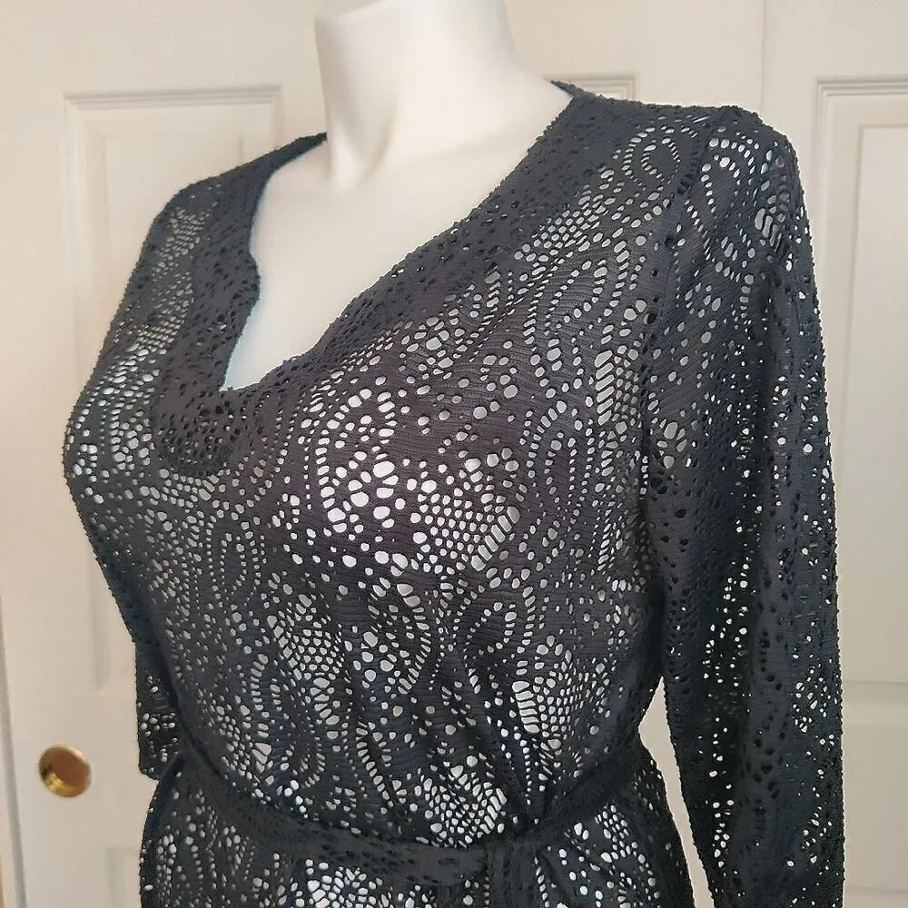 Merona belted sheer black lace swim coverup sz L